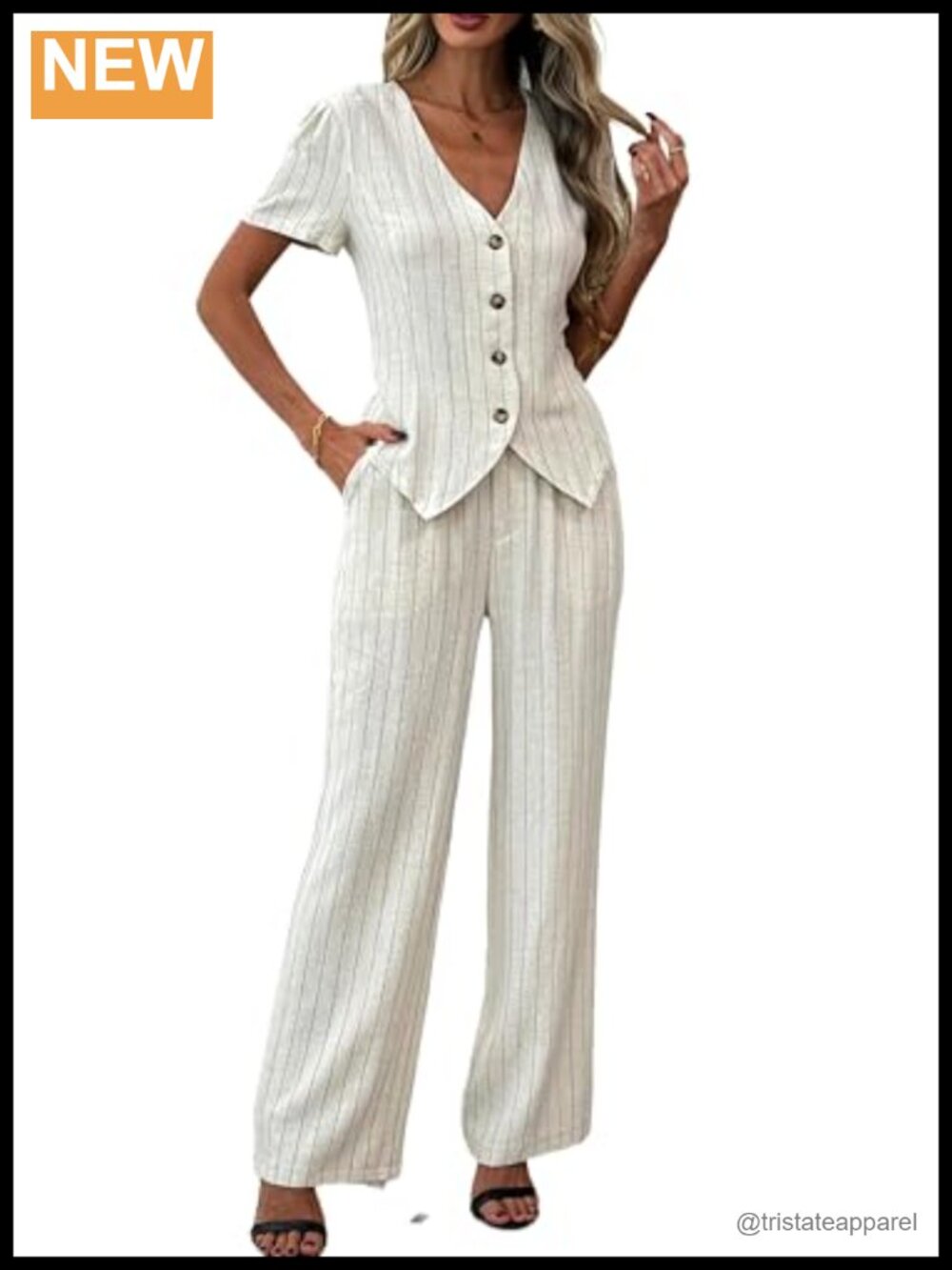 Women's Linen 2 Piece Pant Set Summer V Neck Short Sleeve Shirt Wide Leg Palazzo